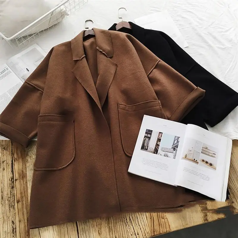 Свободное женское шерстяные пальто больших размеров Корейская Длинная черная коричневая зимняя куртка элегантная верхняя одежда с карманами