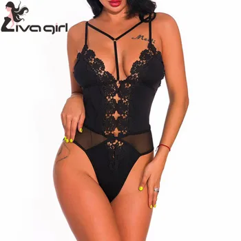 

LIVA GIRL Sexy Sheer Mesh Bandage Bodysuit for Woman 2019 Hollow Sleeveless Teddy Bodysuits Bodycon Female Nightwear Underwear
