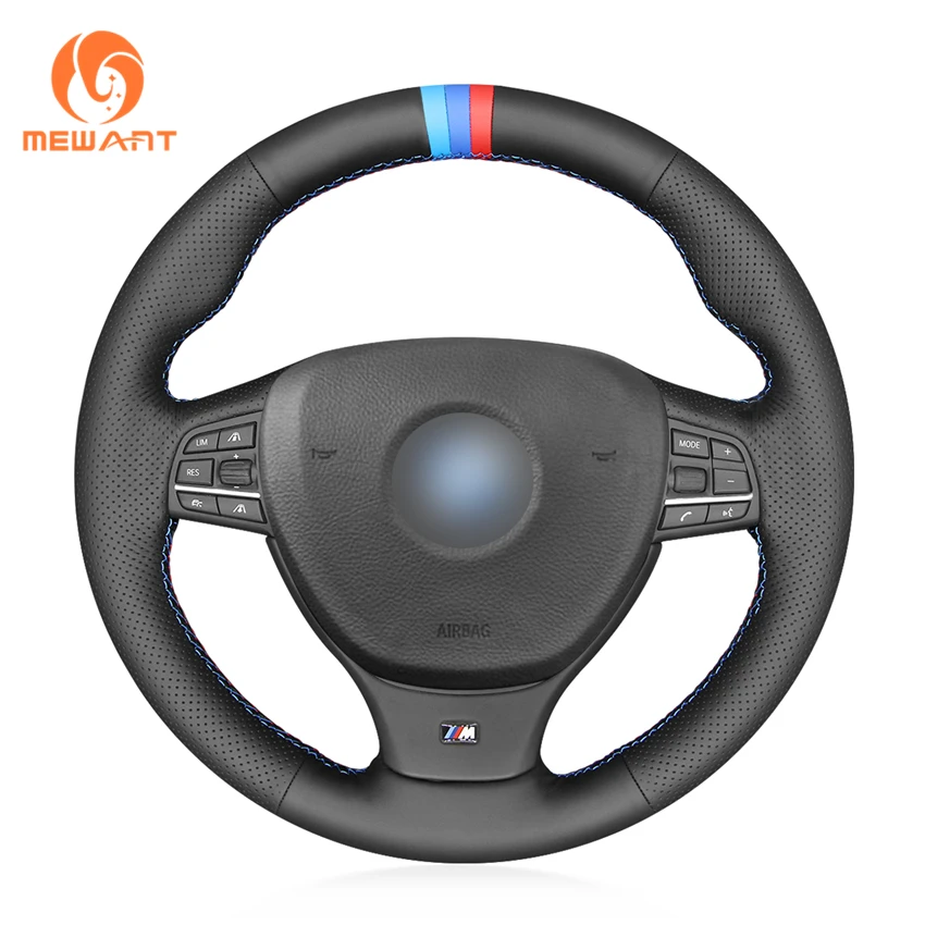 MEWANT Black Genuine Leather Steering Wheel Cover for BMW M Sport F10 F11 (Touring) F07 F12 F13 F06 F01 F02 M5 F10