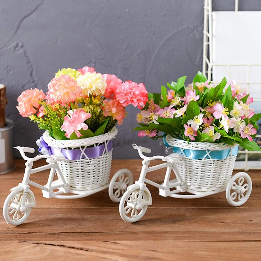 JP_ Rattan Flower Basket Vase Tricycle Bicycle Model Home Garden Wedding Decor 