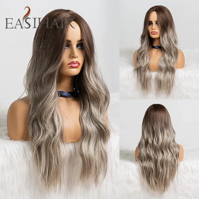 EASIHAIR Long Brown Ombre Synthetic Wigs for Women Natural Hair Wavy Wigs Ash Brown Blonde Heat Resistant Female Wig Cosplay LC179-6