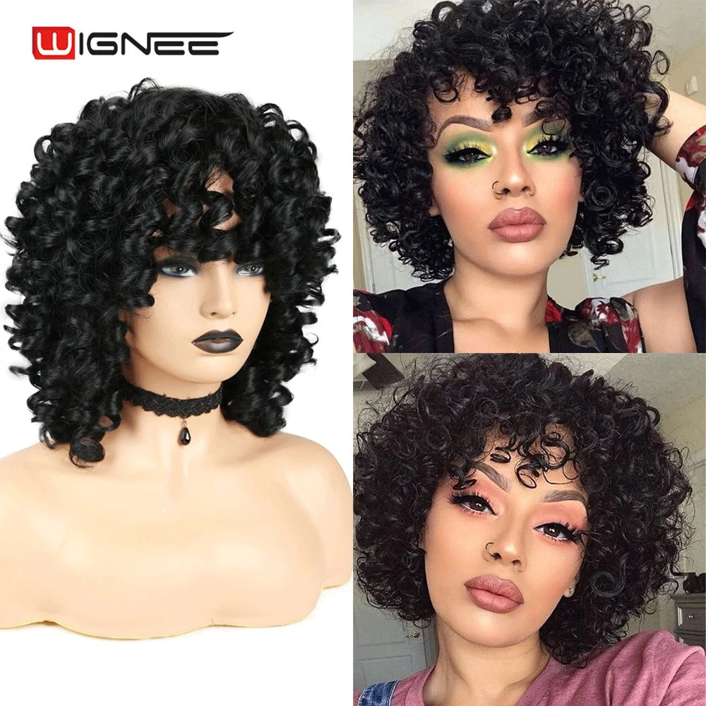 Wigneeショート黒 ブラウン合成かつらアフロ黒人女性耐熱コスプレアフリカヘアスタイルかつら繊維の毛かつら Synthetic None Lace Wigs Aliexpress