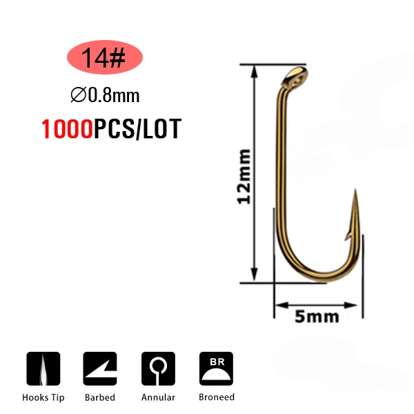 ICERIO 500/1000 шт. Крючок для завязывания мух сухой мокрой Nymph креветки Caddis Pupa стример из углеродистой стали рыболовный крючок Стандартный Крючок-мушка снасти - Цвет: 1000pcs  Size 14