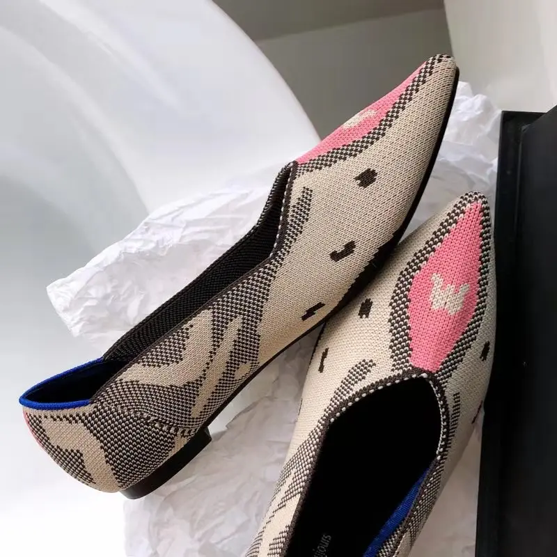 Женская повседневная обувь на мягкой подошве с леопардовым принтом; вязаные туфли на плоской подошве с острым носком; обувь на плоской подошве; Размеры 35-40