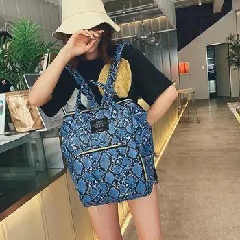 

Women Backpack Leather Snake Printing School Shoulder Bookbags Multi-pocket Zipper Student Rucksack for Vacation and Travel