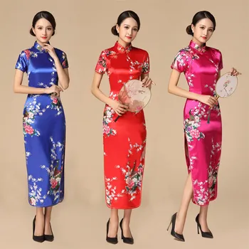 

High Split Short Sleeve Women Cheongsam Print Peacock Vintage Button Chinese Dress Mandarin Collar Satin Long Qipao Vestidso