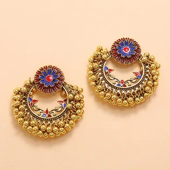 

New Ins Antique Gold Handmade Beads Enamel Blue Flower Indian Jhumki Jhumka Nepal Earrings Bohemia Party Jewelry