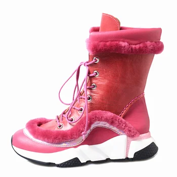 

Ankle Genuine Woman Leather Winter Warm Height Increased Snow Boots Street Round Toe Lace Up Platform Shoes Plus Size 41