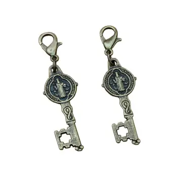 

100Pcs/lots Antique bronze St Saint Benedict Medal Cross Key Charms Bead with Lobster clasp DIY Jewelry 12x46.5mm A-356b