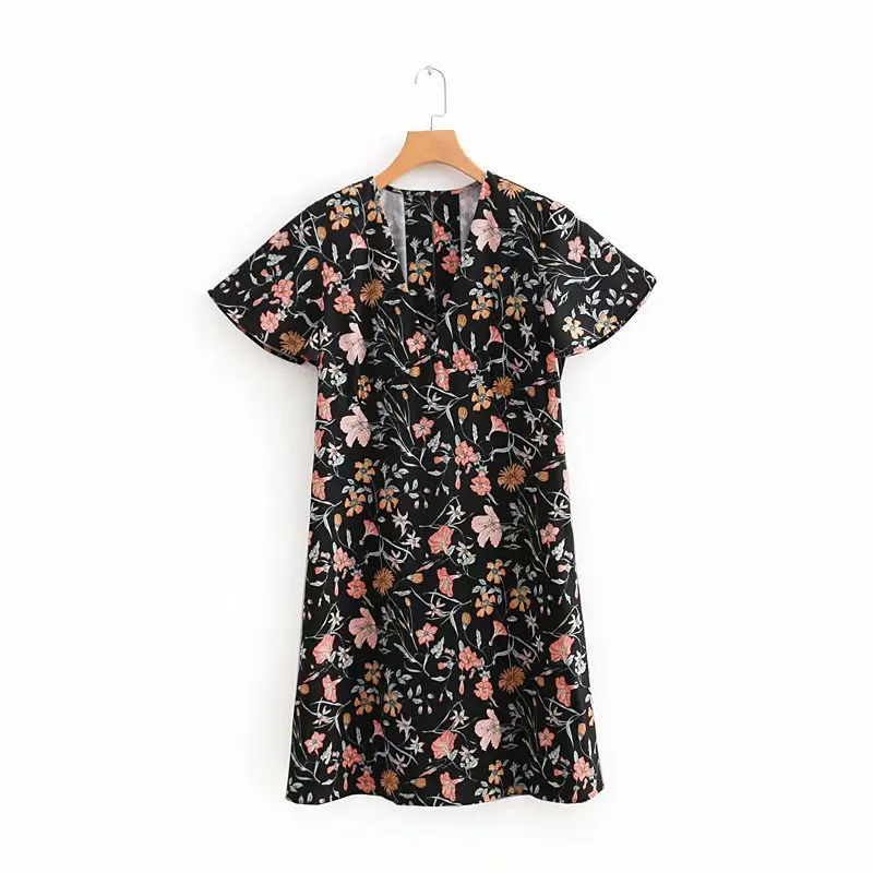 

2018 Western Style Spring And Summer WOMEN'S Dress New Style Women's V-neck Floral Printed Dress