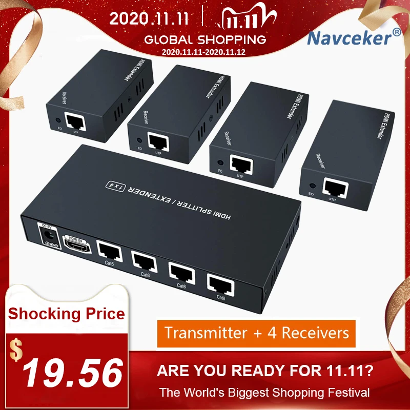 

2020 60m 1x4 HDMI Splitter Extender Over UTP Cat5e Cat6 Cable HDMI Extender RJ45 Support HD 1080P 1 Transmitter To 4 Receivers