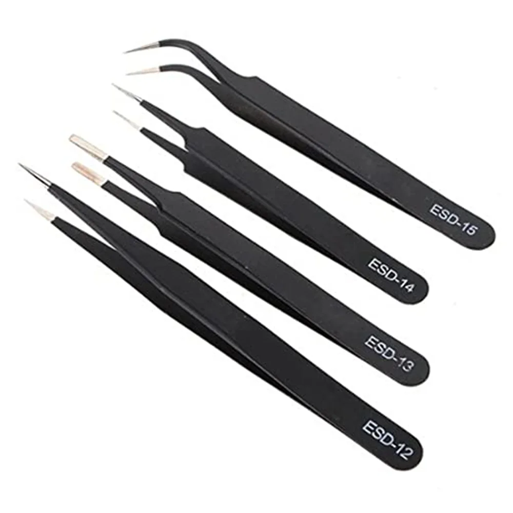 

4Pcs Anti-static ESD Stainless Steel Tweezers Maintenance Tools Industrial Precision Curved Straight Tweezers Repair Tools