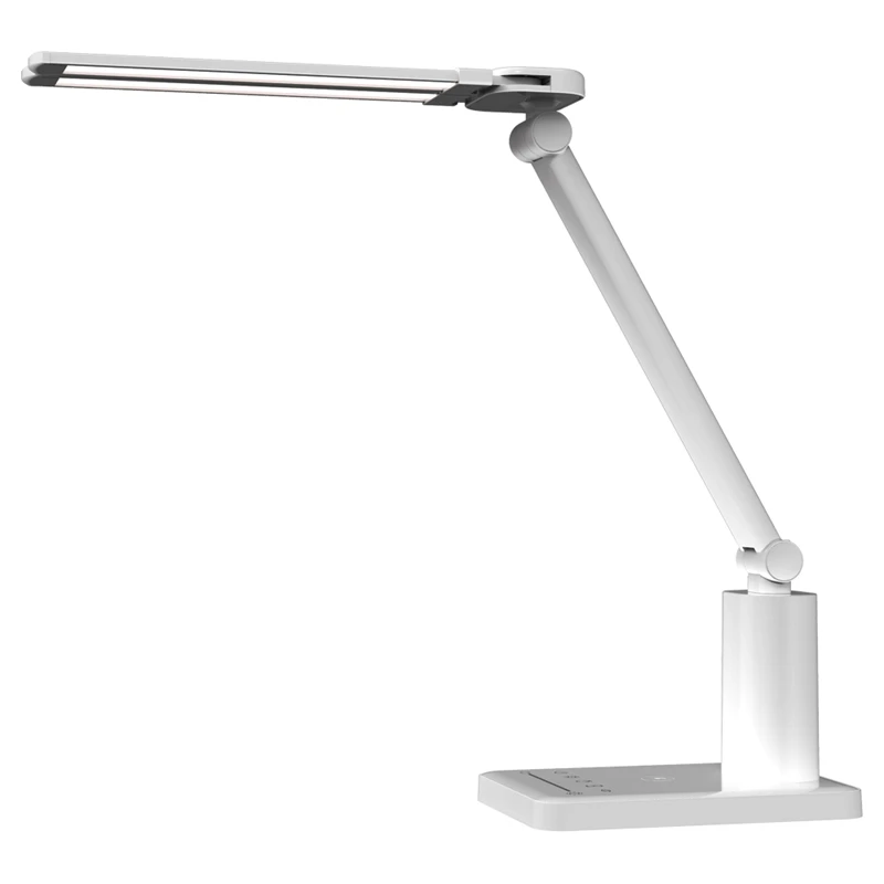 

LED Desk Lamp with Dual Head Ultra-Thin Folding Dimmable Table Lamps Wireless Charger Eye Caring Bedside Lamp 3 Color Modes Time