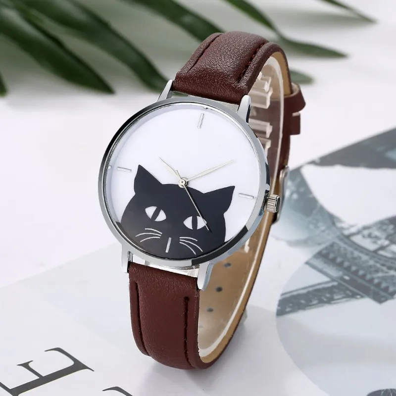 

2019 Black Cat Watch For Woman Leather Band Alloy Quartz Watch Solid Color Cute Animal Casual Wristwatch No waterproof