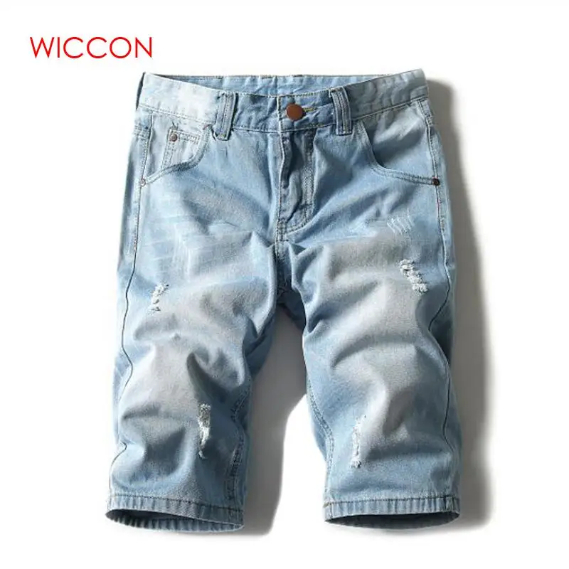 Мужские хлопковые синие джинсовые шорты-светильник большого размера, новые мужские шорты до колен с дырками, однотонные повседневные шорты