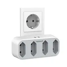 

TESSAN Wall Outlet Extender Overload Protection with Type E/F Plug 4 EU Outlets and 2 USB Ports 100-230V for Smartphone/Laptop