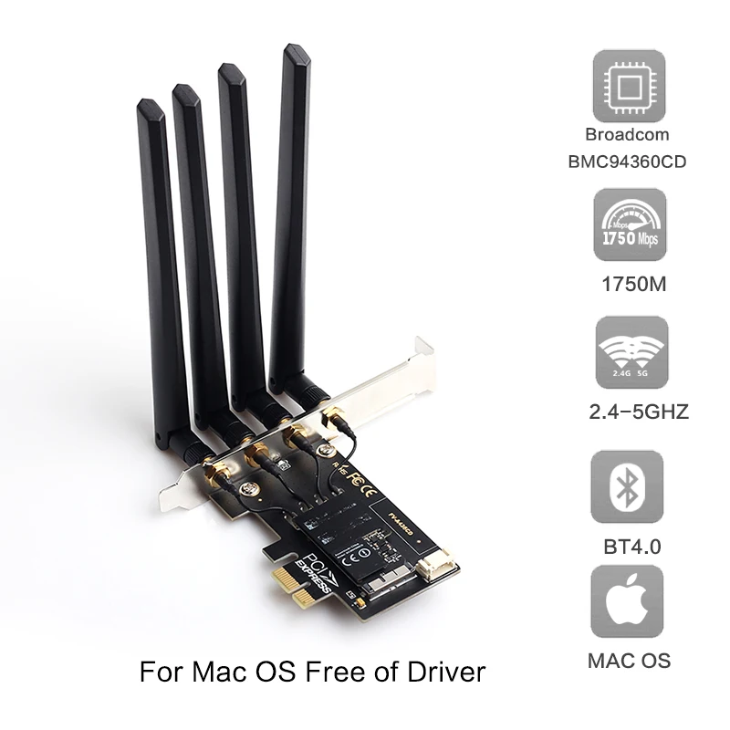 Hackintosh PC BCM94360CD 1750 Мбит/с WiFi Bluetooth 4,0 PCI-E адаптер для macOS Airdrop Handoff непрерывность Broadcom BCM94360 Wifi - Цвет: Черный