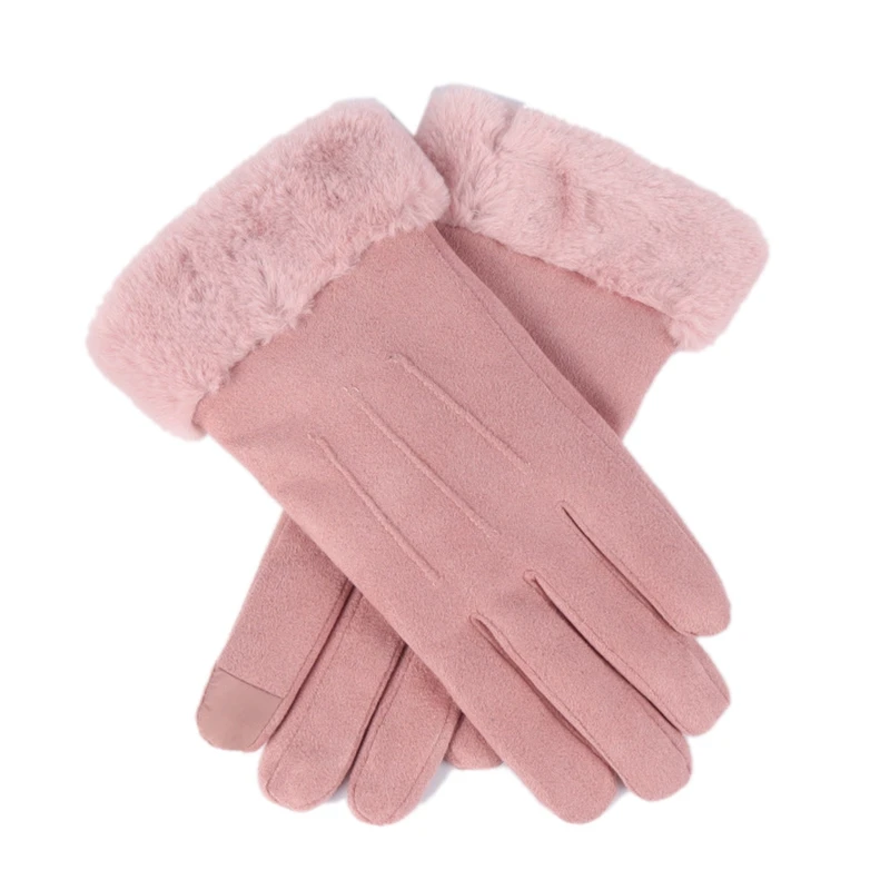 pink Зимние женские двойные толстые плюшевые Наручные Теплые кашемировые милые велосипедные Женские варежки замшевые кожаные перчатки для вождения с сенсорным экраном - Цвет: pink