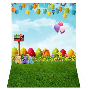 

3x5Ft Cute Fresh Grass vinyl Photo background Studio Props Backdrops Easter Egg Air Balloon Cartoon Baby Kids photography