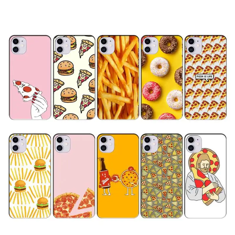 Food with Phone Case Cover for Iphone 11 Pro Coque Matte Black Pizza XS Max SE 2020 8 7 6s Plus X Xr French Fries Doughnut Etui | Мобильные