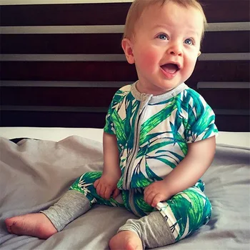 

INS Hot Selling Childrenswear Baby Jumpsuits Short Sleeve Green Bamboo Leaf Pattern BABY'S Jumpsuit Summer Clothes