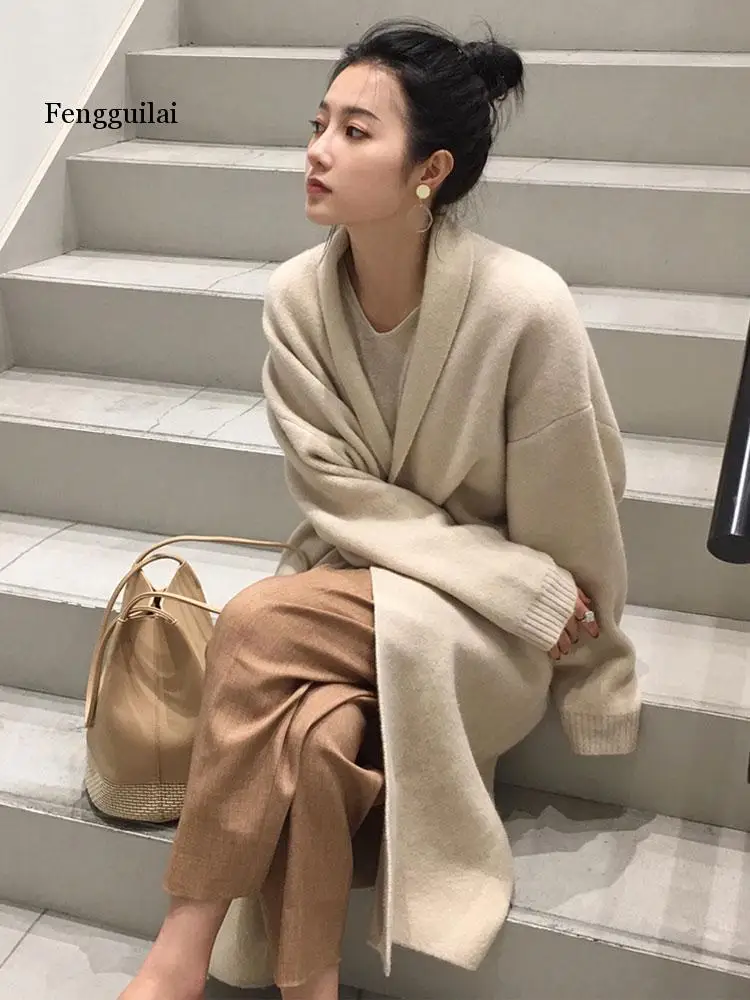 Women Spring Autumn Elegant Solid Knitting Sweater Coats Female Lapel Long Coats Ladies Loose Casual Knit Cardigans