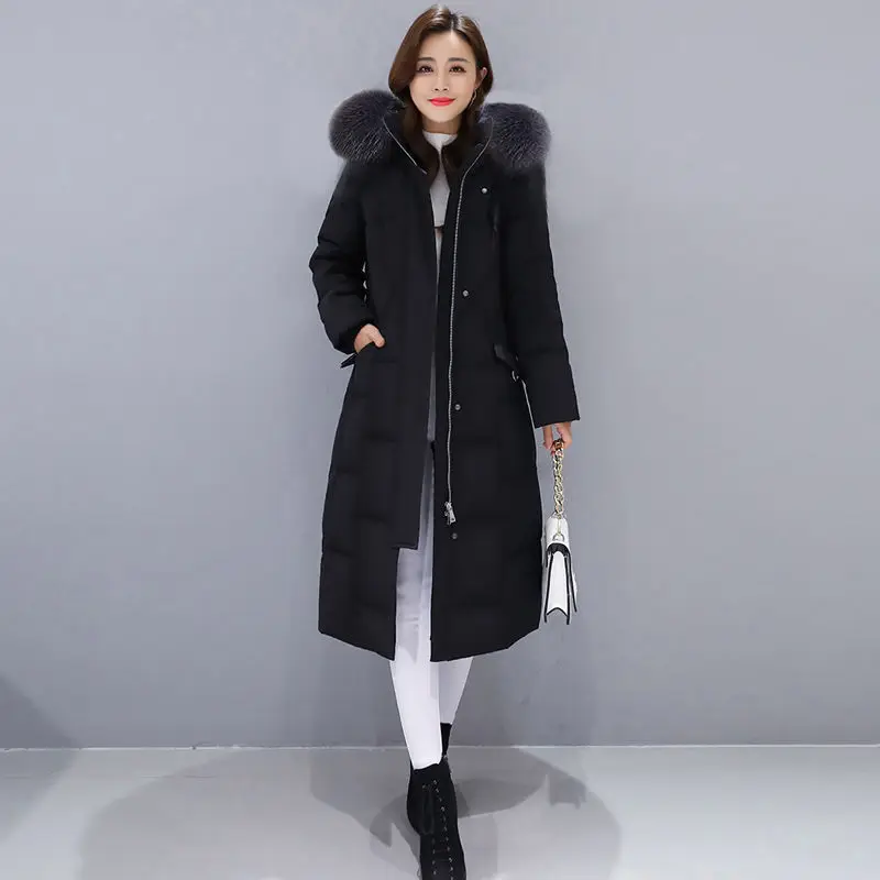 Female Down Padded Jacket 2024 New Fashion Slim Big Fur Collar Mid-length Thick Winter