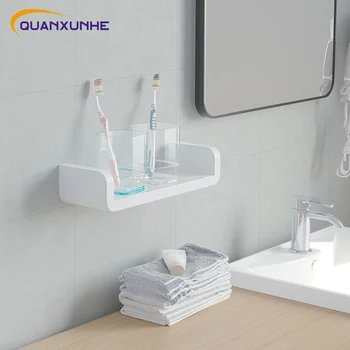 

QUANXUNHE Punch Free Bathroom Shelf White Kitchen Wall Shelves Shower Basket Storage Organizer Rack Bathroom Accessories Set