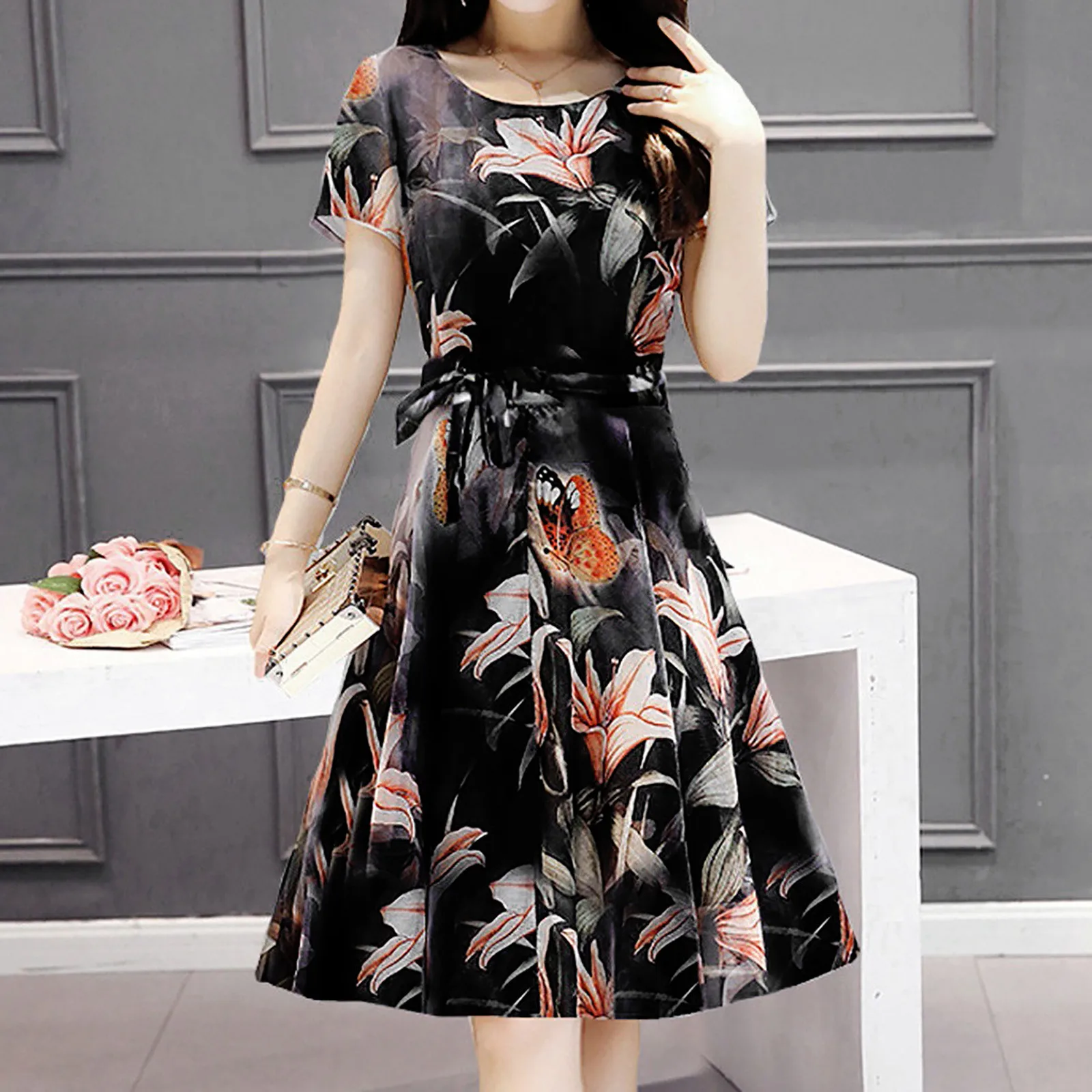 2021 verano casuales de las mujeres vestido de la impresión de manga corta de cuello suelto elegante vestido de mujer las mujeres Jurken Streetwear # J2P