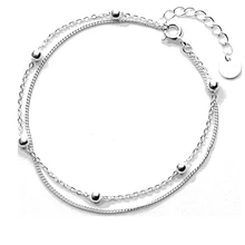 Двухслойная гладкая цепочка, круглые бусины 925 пробы Серебряный браслет для женщин ювелирные изделия простой милый дизайн регулируемая длина