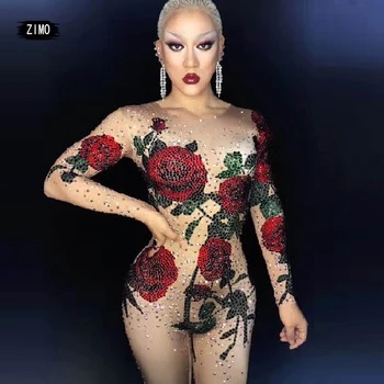 

Colors Multicolor Rose red white Flower Rhinestone Jumpsuit club Party Stretch Stage Wear Celebrate Bodysuit performance costume