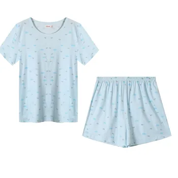 

Pajamas Women Summer Short Sleeve Shorts Sleepwear Blue Cloud Letters Printed Loungewear Set 2 Piece