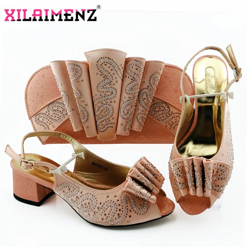 

Peach Latest Comfortable Shoes and Bags Set Italian Sets 2019 Italian Shoes and Matching Bags Women Rhinestone Wedding Shoes