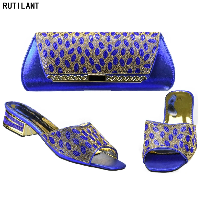 

New Arrival Royal Blue Color Shoe and Bag Set for Party In Women Nigerian Shoes and Matching Bags Set Decorated with Rhinestone