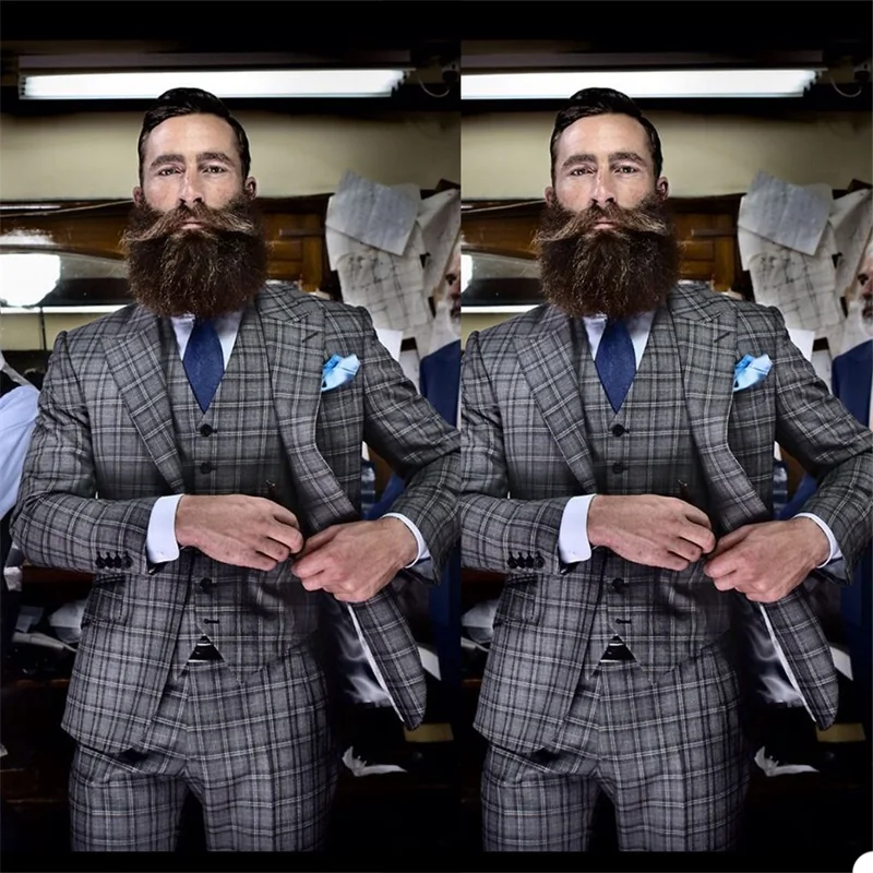 

Dark Gray Plaid Suits Cotton Blend 3 Piece （ Coat+Vest+ Pant) Peak Lapel Groom Handsome Top Quality Suits