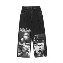 Pantalones vaqueros divertidos abstractos para hombre, ropa de calle de pierna ancha, Hip Hop, con estampado de retales, novedad de 2021