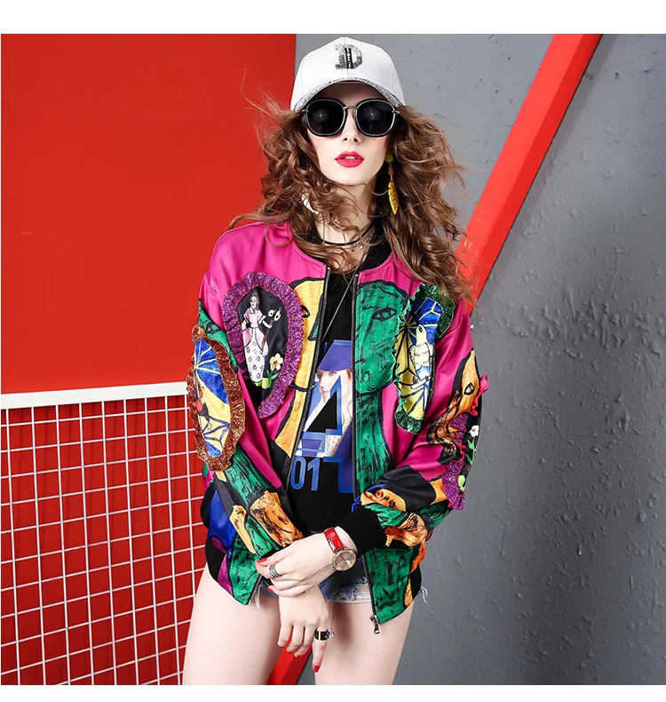Best  Fashion Designer Printed Women Baseball Jackets Coats Spring Autumn Long Sleeve Fashion Casual Loos