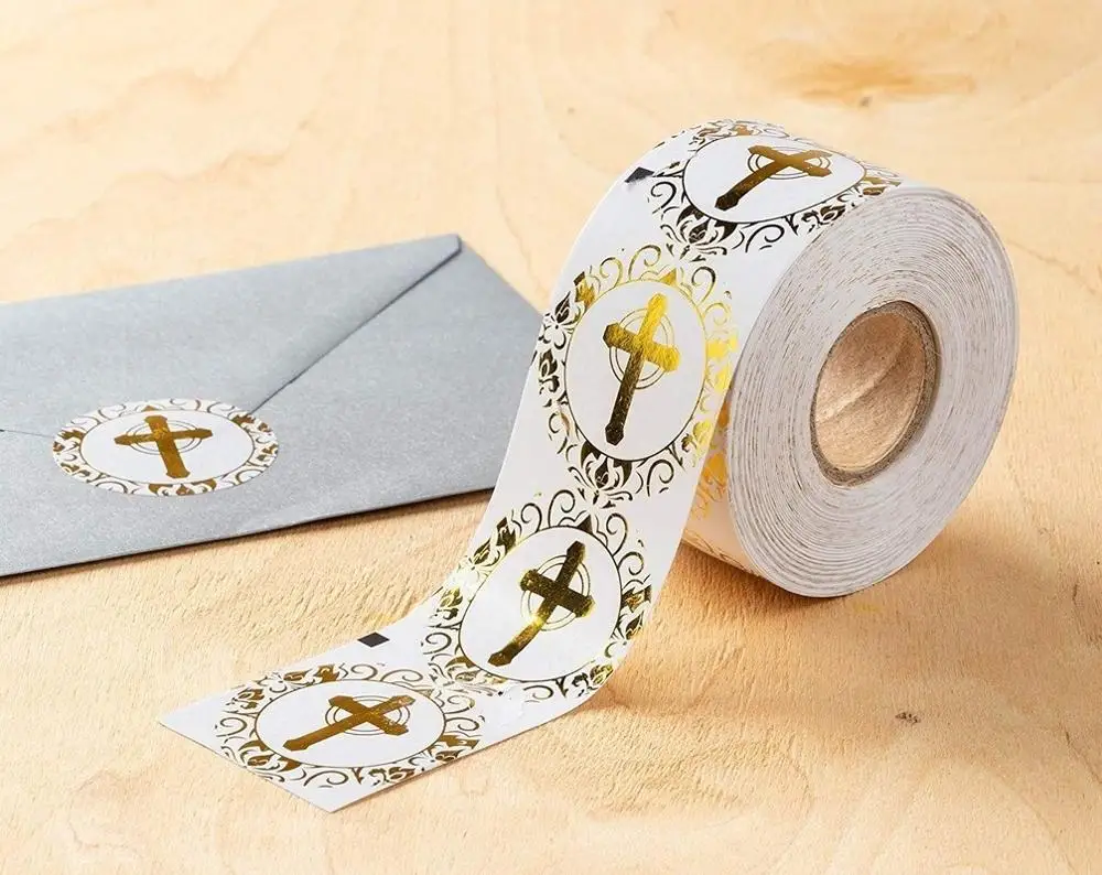 500-Count Gold and Silve Foil Cross Stickers-Religious Stickers-Round Labels 1inch Christening Envelope Seals stationery sticker