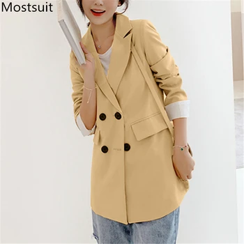 

Korean Casual Double Breasted Women Blazers Jackets Long Sleeve Notched Colloar Office Wear Fashion Long Blazers Coat Outwear