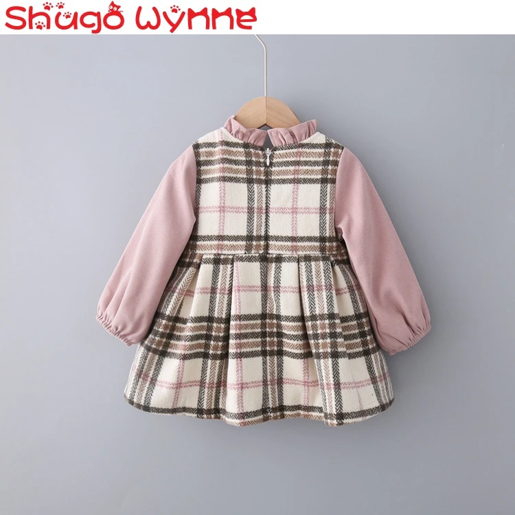 Winter Baby Girls Thick Stitching Dress Small Fragrance Long Sleeve Plaid Wool Lotus Leaf Collar Princess Dresses