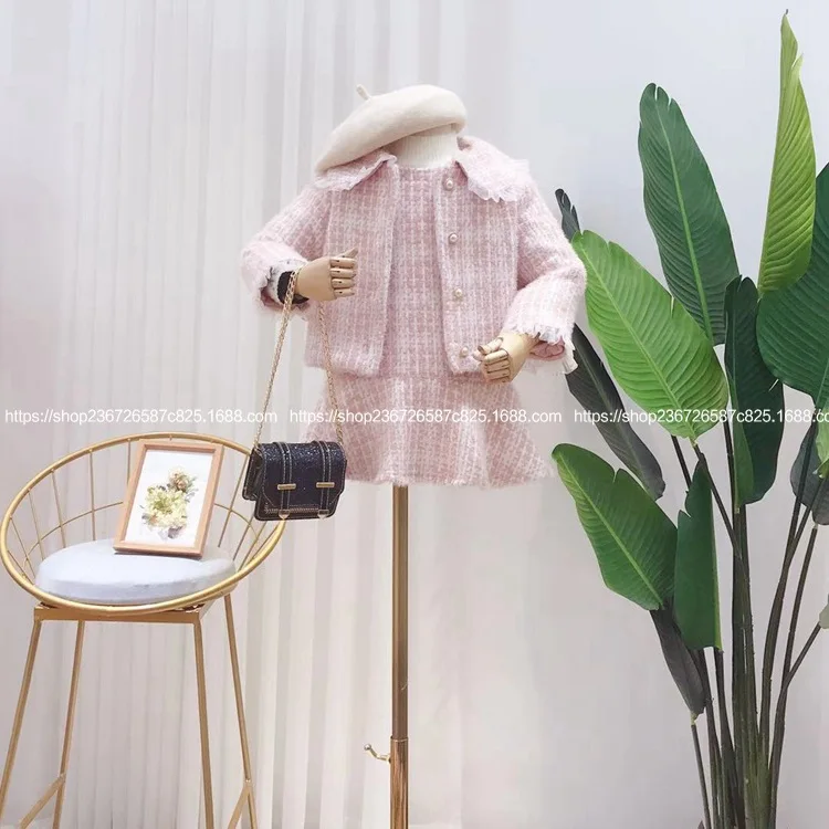 

Girls suit skirt winter 2019 new foreign style mink velvet check coat skirt children Korean fashion two-piece suit