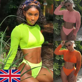 

Sexy Women 3PC High Cut Cover Up Mesh Crop Top+Short Bottom Bikini Set Push Up Long Sleeve Swimsuit Bathing Swimwear
