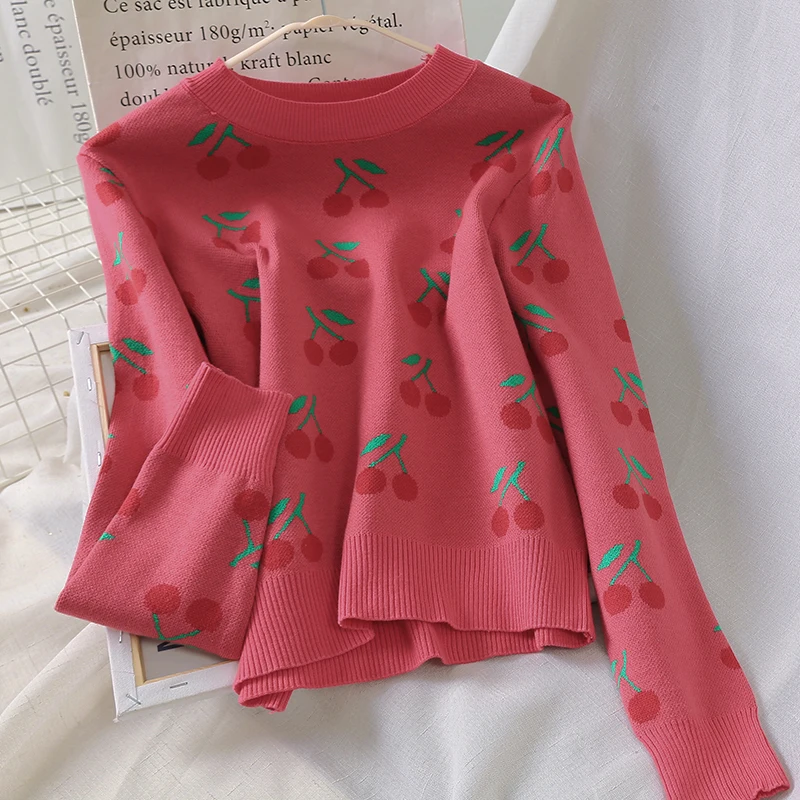 7607 Early Autumn New Korean Sweater Temperament Cherry Jacquard Long Sleeve Knitted Top Women Winter Clothes | Женская одежда