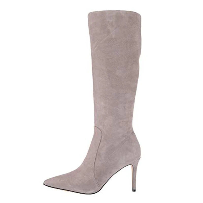 Women Pointed Toe Knee High Boots Stiletto High Heel Long Boot Snake PU Leather Red Black Grey suede Lady Large Size Winter