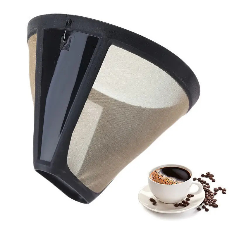 1pcs Reusable High Quality Convenient Coffee Filter Permanent Cone-Style Gold Mesh With Handle Cafe Tool