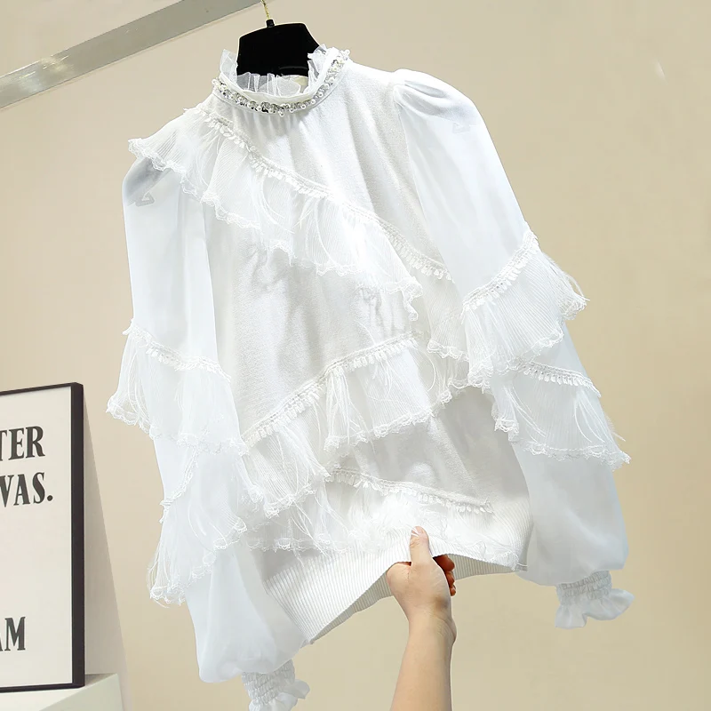 

Ladies Palace Style Stand-up Collar Beaded Lace Panel Chiffon Blouse Women 2020 Spring Fringe Shirt White Blouse Blusas Femme