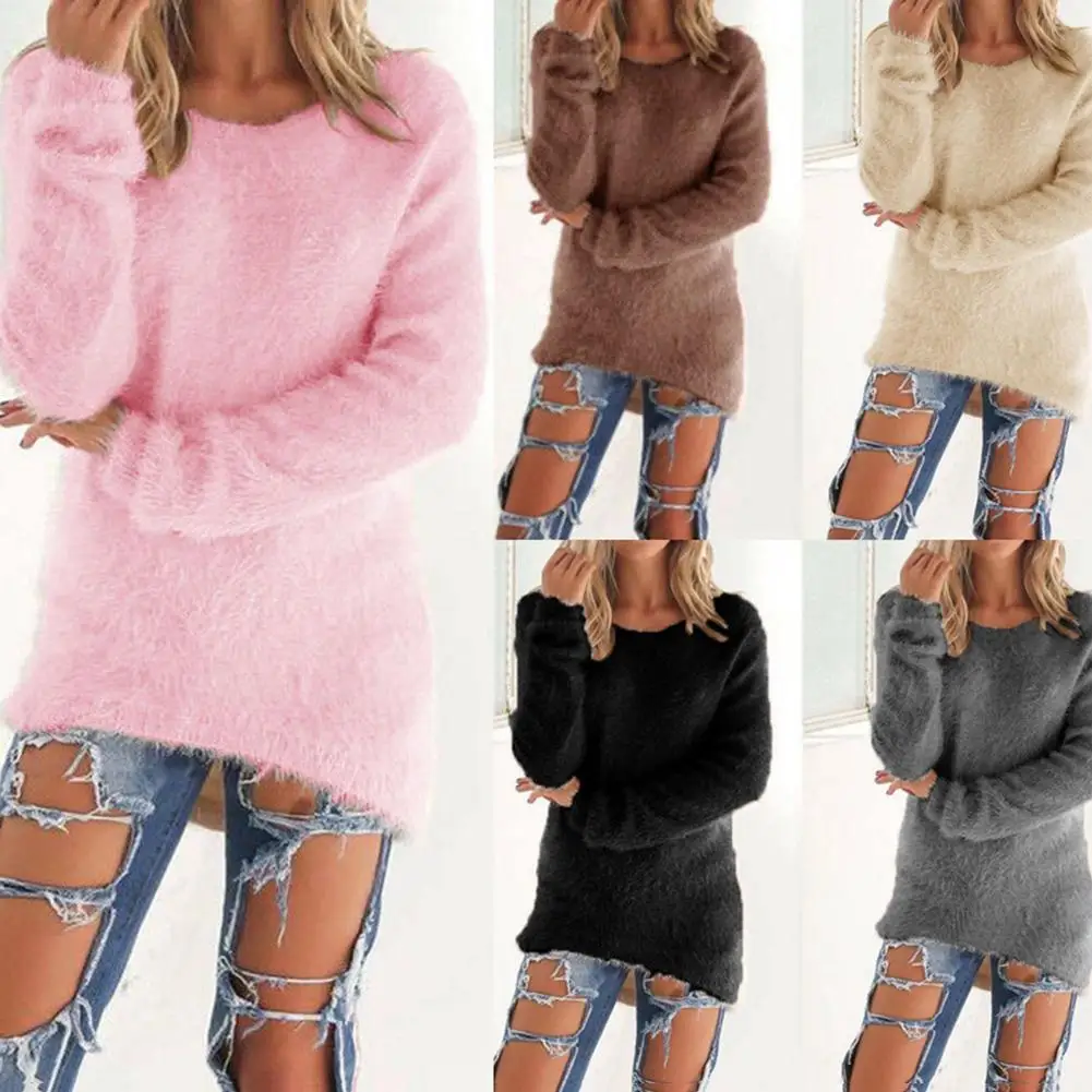 Women Autumn Winter O-Neck Long Sleeve Loose Pullover Sweater Casual Solid color long sleeve sweater dress easy to match gifts | Женская