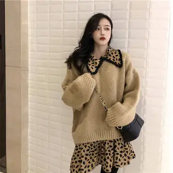 

Winter Women's Two-Piece Set] Solid Color Sweater + Leopard Print Mini Dress Set