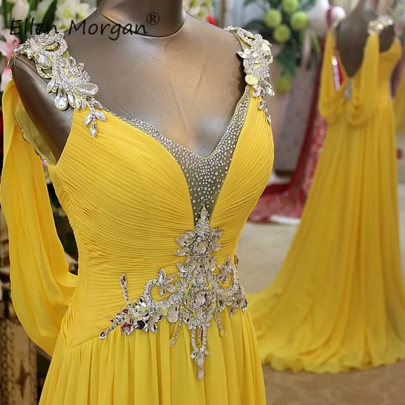 

Luxury Crystals Yellow Chiffon Evening Dresses Long 2019 Elegant Backless Sweetheart Pleat A Line Real Photos Events For Women