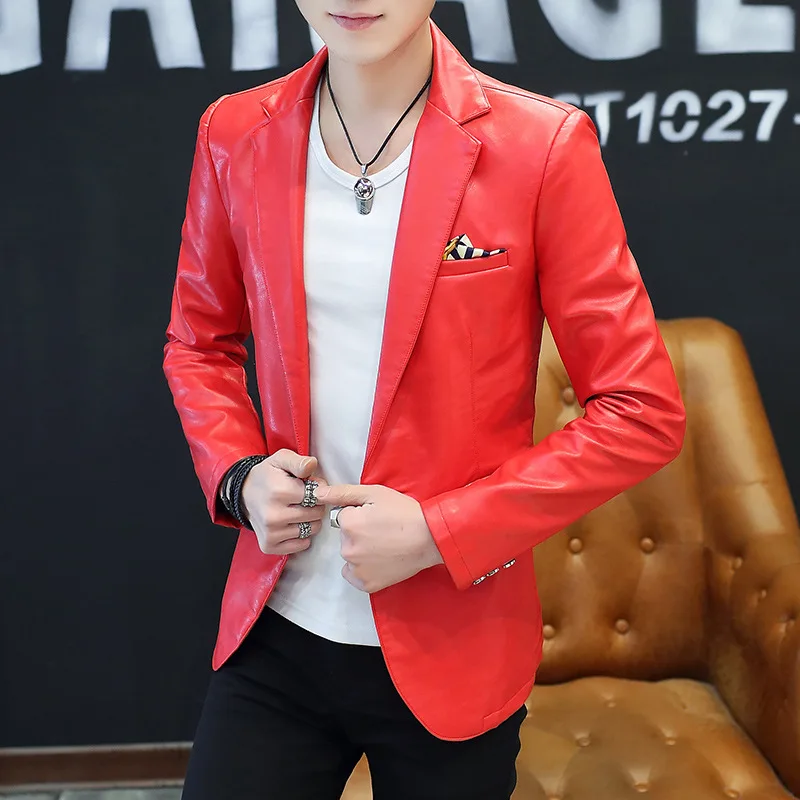 Кожаный пиджак для мужчин Осень черный, белый, красный приталенный Блейзер мужские высококачественные мужские s ПУ кожа Блейзер Куртка